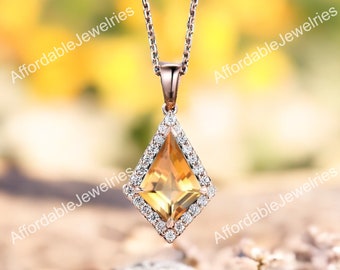 Kite cut yellow citrine necklace unique halo snowdrift moissanite necklace pendant rose gold women mother bridal promise anniversary gift