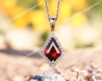 Kite cut natural garnet necklace unique halo snowdrift moissanite necklace pendant rose gold women mother bridal promise anniversary gift