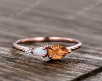 Vintage Yellow Citrine Opal Engagement Ring,Pear Cut Gems,Art Deco Moissanite Wedding Band,3 Stone Unique Women Bridal Promise Ring,Custom