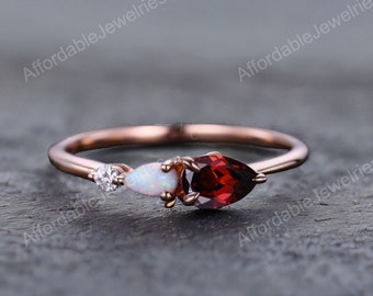 Vintage Red Garnet Opal Engagement Ring,Pear Cut Gems,Art Deco Moissanite Wedding Band,3 Stone Unique Women Bridal Promise Ring,Custom Ring