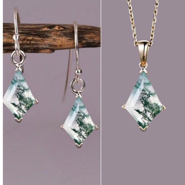 Natural Moss Agate Kite Earrings & Kite Necklace Combo Vintage Combo Dainty Necklace Sterling Silver Earrings or Necklace Combo Gift for her