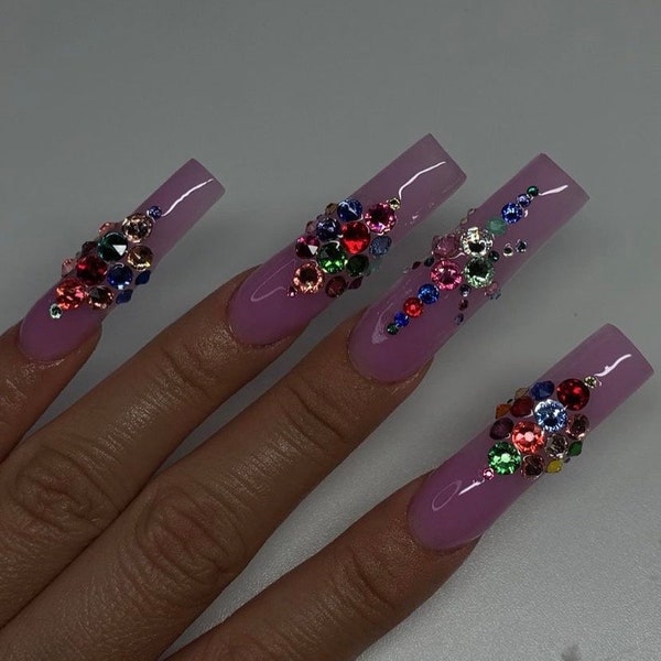 Pink / multi color swarovski crystal  press on nails