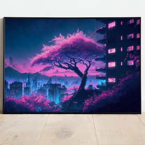 Anime Poster | Futuristic Neon Poster | Cool Poster | Lofi Wall Art | Japanese Vaporwave Neon City | Cyber City Lights