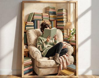 Puede incluir: Una impresión de arte mural enmarcada que representa a una persona sentada en un sillón beige leyendo un libro. La persona viste un suéter a rayas verdes y blancas, leggings negros y calcetines. Pilas de libros coloridos rodean el sillón, con una lámpara y una pequeña planta visibles al fondo. La escena está representada en un estilo pictórico suave con iluminación cálida.