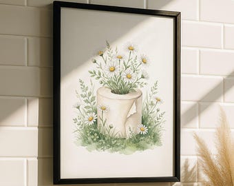 Klopapier Kunst – Gäste WC Poster, Klopapier Vase Druck, Weiße Gänseblumen Badezimmer Kunst, Blume Toiletten Poster, Minimalistisch Bad Deko