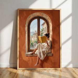 Cuadro decorativo de una mujer leyendo un libro: arte literario, regalo para amantes de los libros, lámina para lectores ávidos, arte acogedor para el dormitorio o la sala de estar.