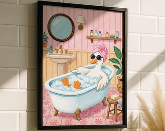 Ente Druck – Lustige Ente Badezimmer Deko, Alberne Gans Kunst, Lustige Pinke Tier Badezimmer Wandkunst, Skurriles Gänse Badewanne Poster