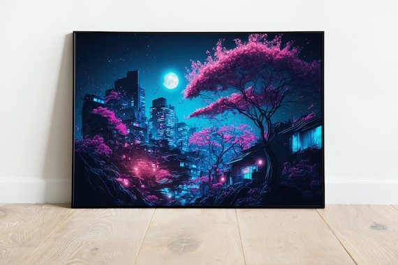 Anime Poster | Futuristisches Neon Poster | Cooles Poster | Lofi Wandkunst | Vaporwave Japanische Neon Stadt | Cyber Stadt Lichter