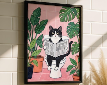 Tuxedo Katze auf Toilette Wandkunst – Lustige Tuxedo Katze Badezimmer Kunst, Skurriles Tier Badezimmer Poster, Katzen Liebhaber Geschenk
