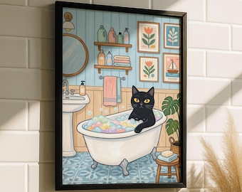 Lustige Schwarze Katze Badewanne Kunst – Katze Badezimmer Poster, Blaue Badezimmer Wandkunst, Schwarze Katze Badewanne Deko Druck