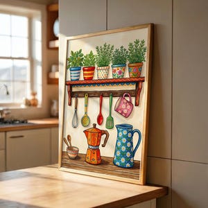 Puede incluir: Una obra de arte enmarcada con temática de cocina que presenta hierbas en macetas coloridas, utensilios de cocina y una cafetera. La obra de arte incluye una jarra azul con patrones de margaritas blancas, una cuchara roja y un batidor.