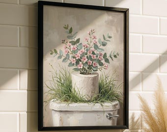 Klopapier Kunst – Gäste WC Poster, Klopapier Vase Druck, Pinke Blumen Badezimmer Kunst, Blume Toiletten Poster, Klopapier Öl Gemälde