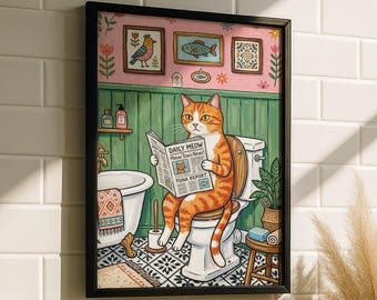 Orangene Ginger Katze auf Toilette Wandkunst – Lustige Orangene Tabby Katze Badezimmer Kunst, Skurriles Tier Poster, Katze Geschenk