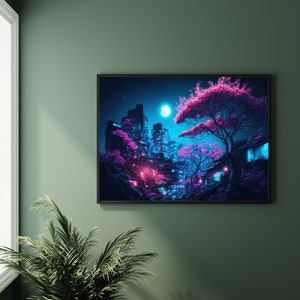 May include: Framed art print featuring a neon-lit cityscape with pink cherry blossom trees and a full moon. The buildings are silhouetted against a dark blue sky, with glowing pink and blue accents. The artwork evokes a sense of tranquility and urban beauty.