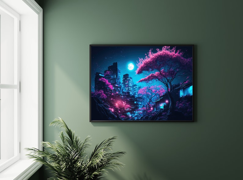 May include: Framed art print featuring a neon-lit cityscape with pink cherry blossom trees and a full moon. The buildings are silhouetted against a dark blue sky, with glowing pink and blue accents. The artwork evokes a sense of tranquility and urban beauty.