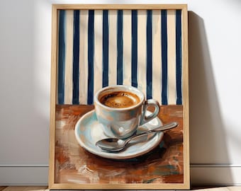 Póster retro de café – Decoración azul marino para cafetería, lámina de espresso, arte mural para cocina, decoración moderna para cafetería