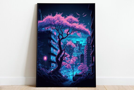 Cyberpunk Poster – Sakura Baum Kunst, Japanische Cyberpunk Neon Stadt Wandkunst, Futuristische Anime Stadt Dekor Druck