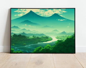 Berg Druck 24x36 | Wunderliches Kunstwerk | Landschaft Malerei | Große Grüne Retro Natur Wandkunst | Modernes Poster oder Leinwand