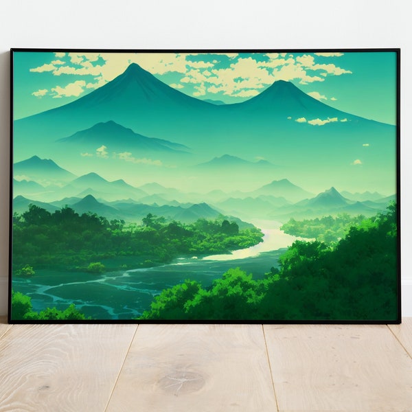 Berg Druck 24x36 | Wunderliches Kunstwerk | Landschaft Malerei | Große Grüne Retro Natur Wandkunst | Modernes Poster oder Leinwand