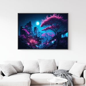 May include: A framed art print depicts a neon-lit cityscape with pink cherry blossom trees under a full moon. The buildings are tall and modern, with vibrant blue and pink lighting. The artwork is displayed above a white sofa.