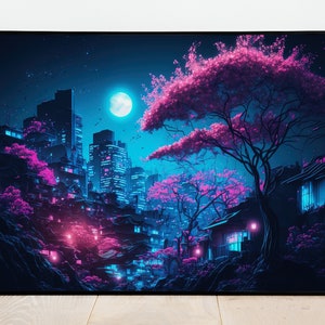 May include: A framed digital art print depicting a nighttime cityscape with neon lights. The scene features buildings, cherry blossom trees, and a full moon in shades of blue, pink, and purple. The artwork evokes a futuristic, cyberpunk aesthetic.