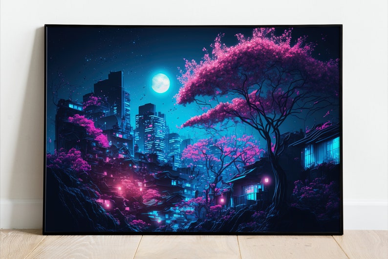 May include: A framed digital art print depicting a nighttime cityscape with neon lights. The scene features buildings, cherry blossom trees, and a full moon in shades of blue, pink, and purple. The artwork evokes a futuristic, cyberpunk aesthetic.