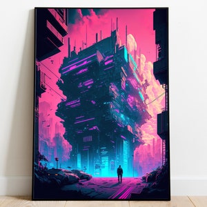 Arte de parede de cidade futurista | Pôster de ficção científica | Arte de luzes da cidade | Pôster de cidade cibernética | Decoração de sala de jogos