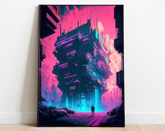 Futuristic City Wall Art | Sci Fi Poster | City Lights Artwork | Cyber City Poster | Gaming Room Decor