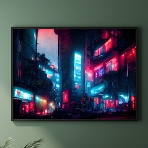 Futuristic City Wall Art | Gaming Room Decor | Vaporwave 80s Nostalgia Neon Color Poster