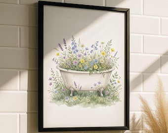 Blumen Badewanne Wandkunst - Botanischer Aquarell Badezimmer Druck, Wildblumen Badewanne Poster, Cottagecore Badezimmer Deko