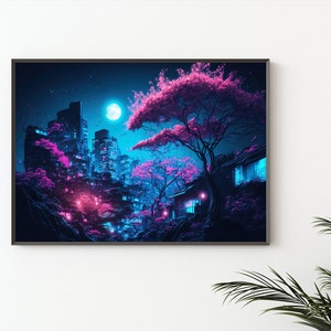 May include: Framed art print featuring a neon-lit cityscape with pink cherry blossom trees. The artwork depicts a futuristic urban landscape with tall buildings, a full moon, and a vibrant color palette of pink, blue, and black.