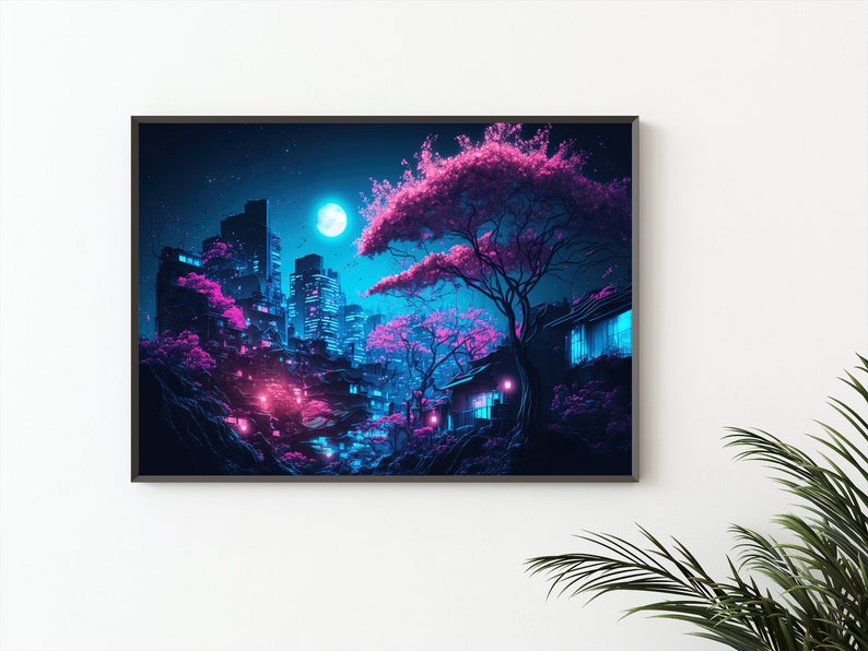 May include: Framed art print featuring a neon-lit cityscape with pink cherry blossom trees. The artwork depicts a futuristic urban landscape with tall buildings, a full moon, and a vibrant color palette of pink, blue, and black.