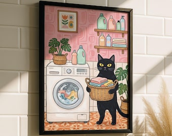 Schwarze Katze Wäsche Raum Kunst - Wäsche Tag Druck, Pinkes Wäsche Raum Poster, Süße Katze Wäsche Wandkunst, Wäsche Raum Deko