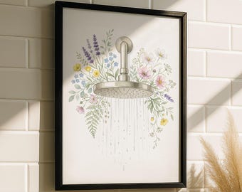 Blumen Duschkopf Wandkunst - Botanischer Aquarell Badezimmer Druck, Wildblumen Dusche Poster, Cottagecore Badezimmer Deko