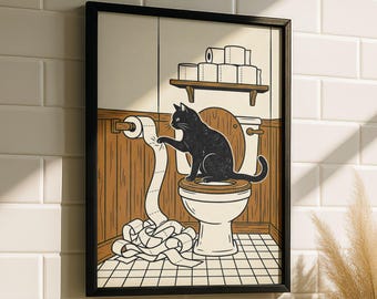 Katzen Poster – Katze Badezimmer Kunst, Schwarze Katze Druck, Katzen Deko, Katzen Liebhaber Geschenk, Minimalistische Katzen Wandkunst