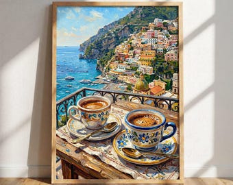 Póster de café italiano – Arte de la Costa Amalfitana, Arte mural de espresso de Positano, Lámina de la costa italiana, Arte para cocina junto al mar, Decoración de cafetería