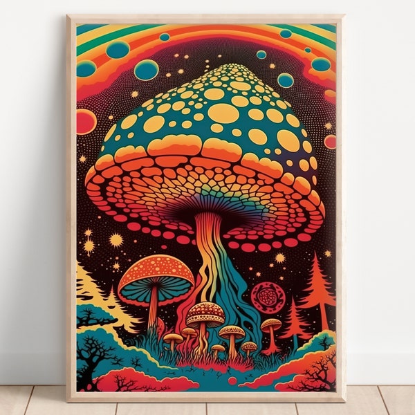 Champignon psychédélique des années 70 | Affiche de champignon magique | Oeuvre Trippy | Impression d'art psychédélique des années 70 | Art mural Trippie | Affiches trippantes