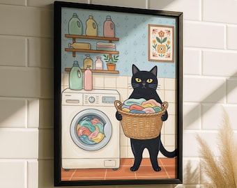 Schwarze Katze Wäsche Raum Kunst - Wäsche Tag Druck, Blaues Wäsche Raum Poster, Lustige Süße Katze Wäsche Wandkunst, Wäsche Raum Deko