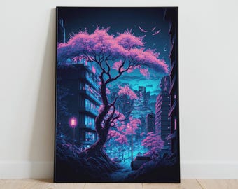 Cyberpunk Poster – Anime City Print, Japanese Vaporwave Neon City Wall Art, Futuristic Cool Gaming Room Decor