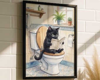 Schwarze Katze auf Toilette Wandkunst – Lustige Schwarze Katze Badezimmer Kunst, Skurriles Tier Badezimmer Poster, Katzen Liebhaber Geschenk