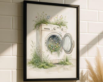 Wildblumen Waschmaschinen Kunst – Wäsche Raum Wandkunst, Botanischer Druck, Cottagecore Wäsche Zimmer Dekor, Minimalistisch Aquarell Poster