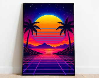 Synthwave poster, Vaporwave poster, jaren 80 nostalgie retrowave muurdecoratie, coole neon poster 24x36