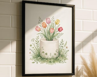 Klopapier Kunst – Gäste WC Poster, Klopapier Vase Druck, Tulpe Badezimmer Kunst, Blume Toiletten Poster, Minimalistisch Badezimmer Deko