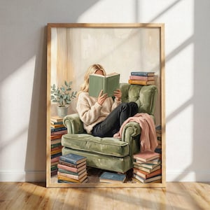 Cuadro de mujer rubia leyendo un libro – Arte literario, regalo para amantes de los libros, lámina para ratones de biblioteca, póster de chica lectora, decoración para biblioteca o sala de lectura.