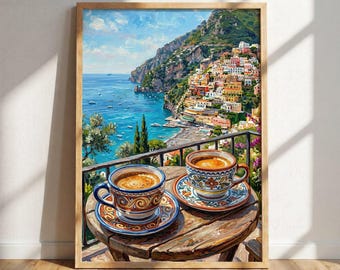 Italian Coffee Poster – Amalfi Coast Art, Positano Espresso Wall Art, Italy Coastal Print, Coffee Bar Decor, Seaside Kitchen Art