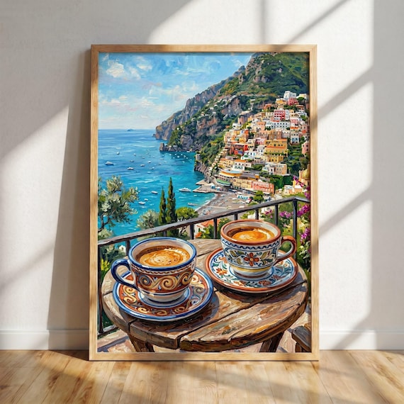 Italienisches Kaffee Poster – Amalfi Küsten Kunst, Positano Espresso Wandkunst, Italien Küste Druck, Kaffee Bar Deko, Meer Küchen Kunst
