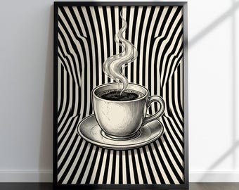 Póster retro de café: decoración de cafetería a rayas blancas y negras, lámina de espresso, arte de pared para rincón de café, decoración de cocina o cafetería.