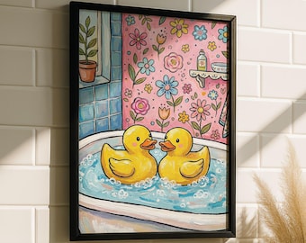 Süße Quietsche Ente Badezimmer Wandkunst – Mädchen Badezimmer Kunst Druck, Kinder Badezimmer Kunst, Pastell Bad Poster Deko