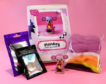 Monkey Needle Felting Kit - Make your own DIY felted friend craft kit, Crafting gifts, Craft kit date night idea, cute felting craft kit