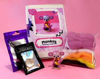 Monkey Needle Felting Kit - Make your own DIY felted friend craft kit, Crafting gifts, Craft kit date night idea, cute felting craft kit